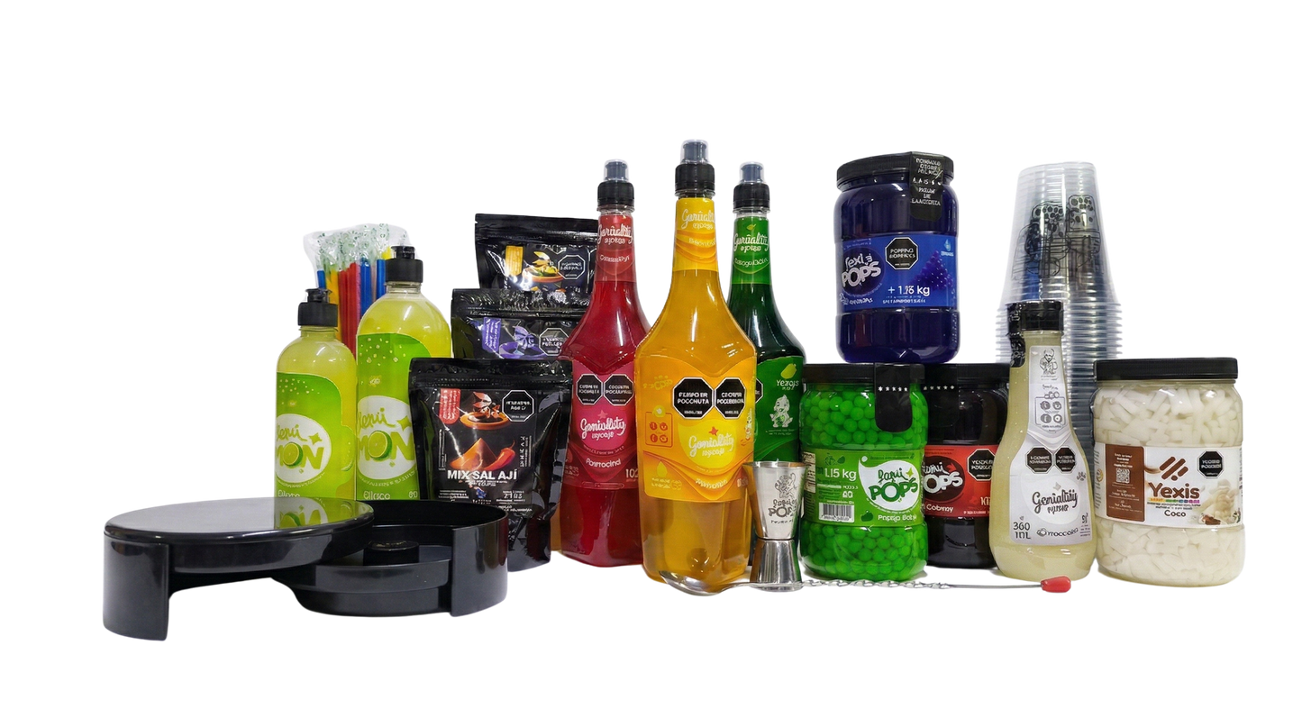 Kit Profesional bubble tea LiquiPops con 3 perlas, 1 Yexis, 3 siropes Geniality, 3 sales/azúcares Skarcha, 2 bases cítricas, 90 vasos Gold 16oz, jigger, bordeador y accesorios completos para barra de bubble tea