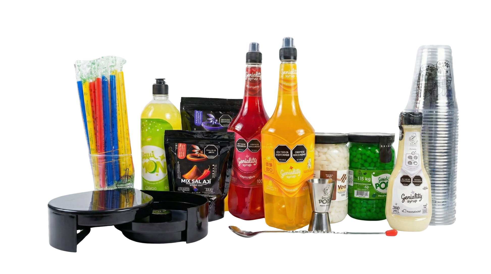 Kit Nivel Medio bubble tea LiquiPops con 2 siropes Geniality, perlas explosivas, Yexis, 2 azúcares/sales Skarcha, 60 vasos Gold 16oz, pitillos, base cítrica, bordeador y utensilios