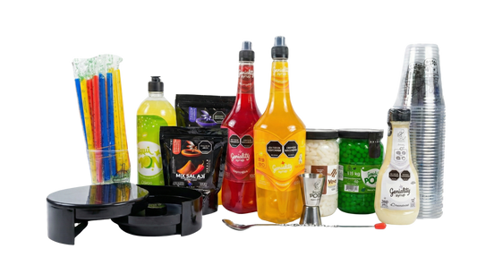 Kit Nivel Medio bubble tea LiquiPops con 2 siropes Geniality, perlas explosivas, Yexis, 2 azúcares/sales Skarcha, 60 vasos Gold 16oz, pitillos, base cítrica, bordeador y utensilios