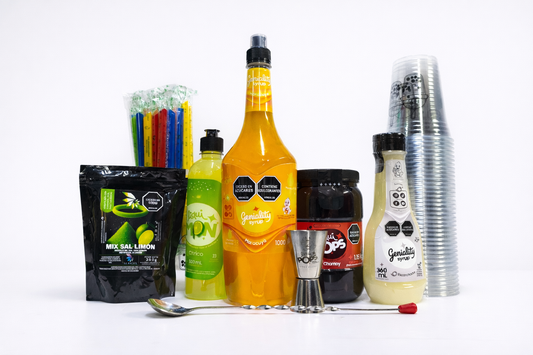 Kit de Iniciación para bubble tea y sodas micheladas: perlas explosivas LiquiPops 1.150g, sirope Geniality 1L, sal o azúcar Skarcha, base cítrica, 30 vasos Gold 16oz, jigger, cuchara y jarabe escarchador